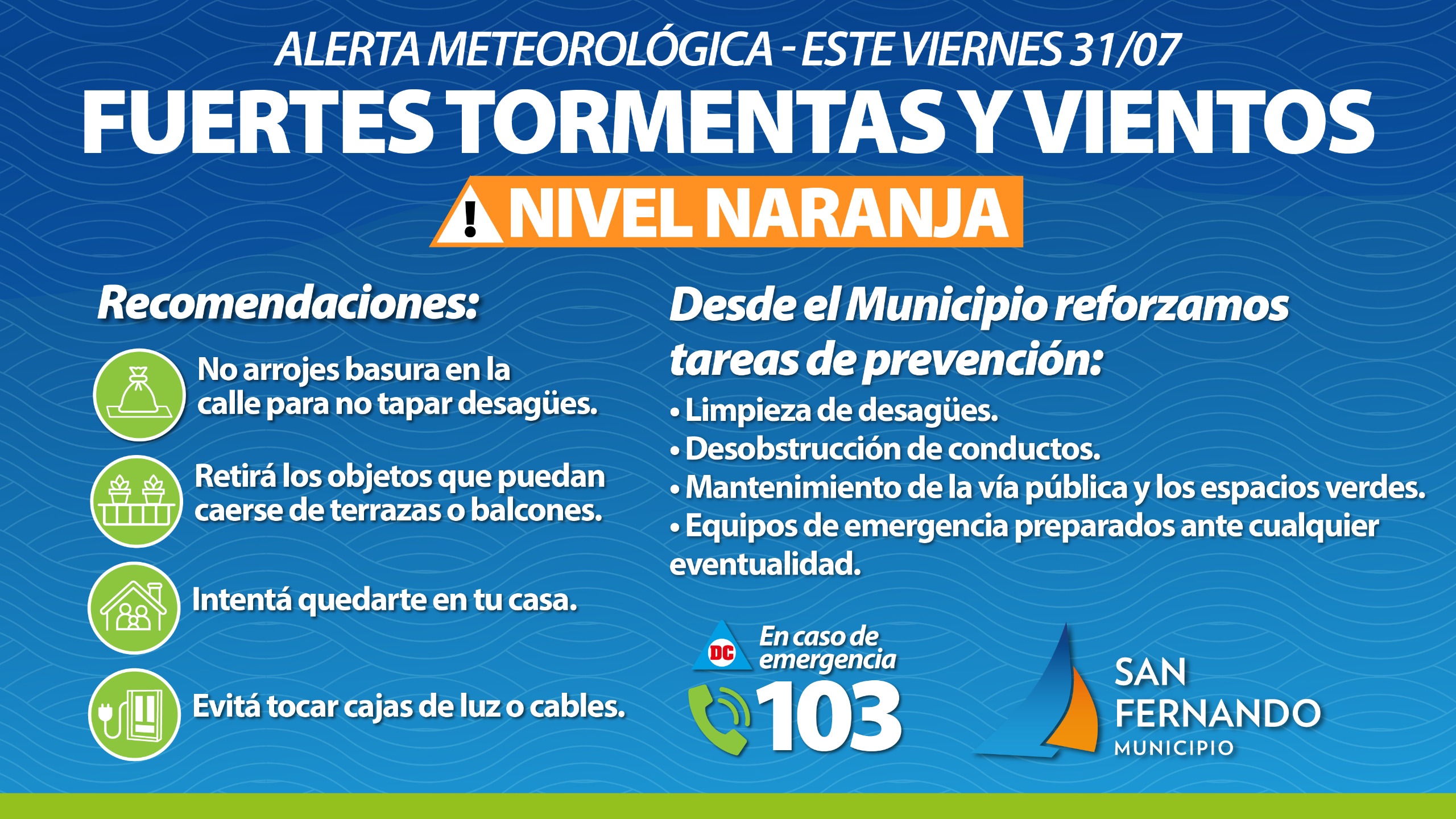 El Municipio de San Fernando alerta y recomienda precauciones por fuertes tormentas